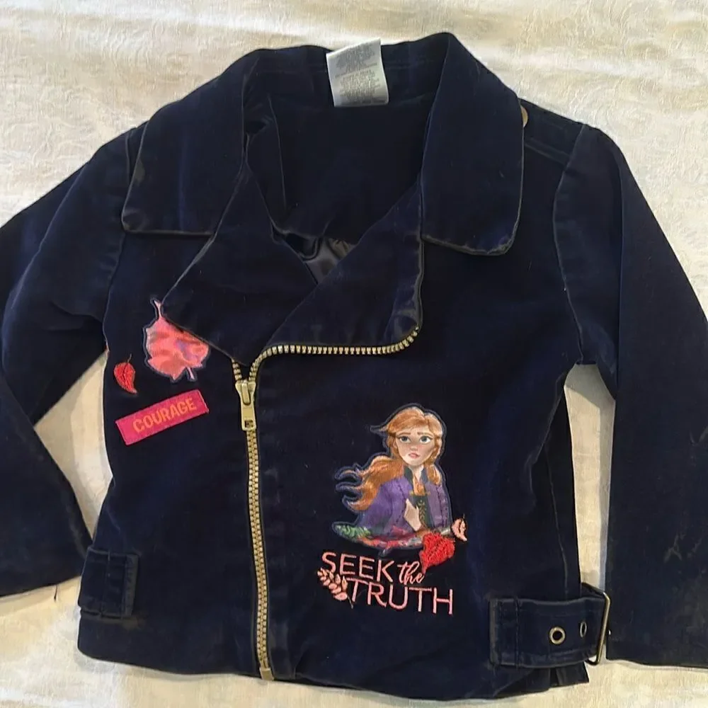 Disney Frozen II Girls Biker Jacket Velvet Elsa Size 3T Navy Blue